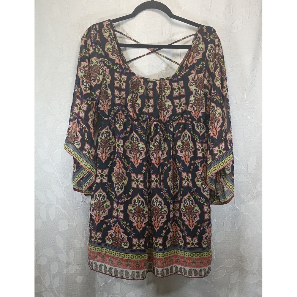 Socialite Womens Paisley Floral Bell Sleeve Mini Dress Black Boho Empire Waist M